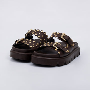 Nolita - Papete Flatform Fivelas e Tachas Douradas Marrom Escuro