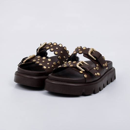 Nolita - Papete Flatform Fivelas e Tachas Douradas Marrom Escuro