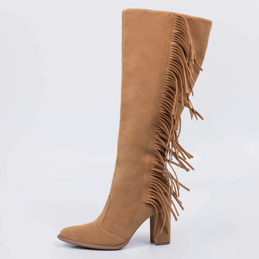 Copal - Bota Feminina Texana Cano Médio Franjas Camurça Palha