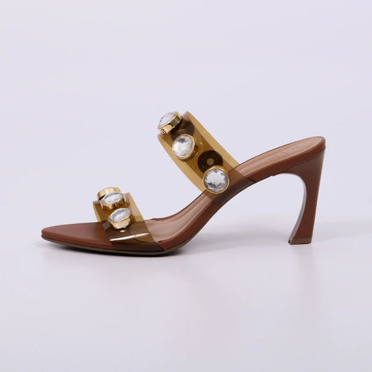 Cristal - Tamanco Feminino Salto Alto Vinil com Aplicações Caramelo