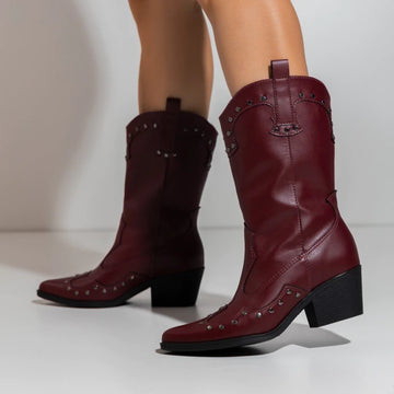 Lorena - Bota Feminina Texana Country Cano Médio Aplicação Marsala