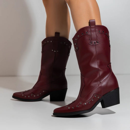Lorena - Bota Feminina Texana Country Cano Médio Aplicação Marsala