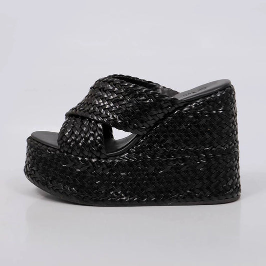 Dubai - Tamanco Anabela Feminino Plataforma Trançado Preto
