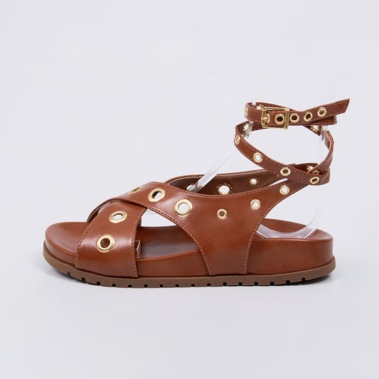 Mia - Sandália Papete Feminina Anatômica Ilhós Dourado Caramelo