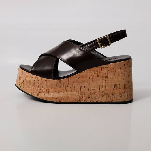 Taina - Sandália Feminina Plataforma Cortiça Tiras Marrom