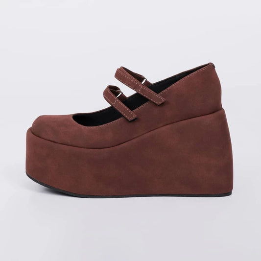 Lolita - Sapato Feminino Plataforma Camurça Bico Redondo Marrom