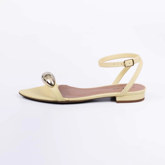 Valence - Sandália Rasteira Feminina Bico Folha Aplicação Amarela