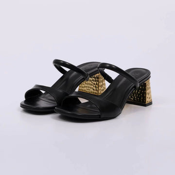 Liz - Tamanco Feminino Salto Bloco Dourado Tiras Preto