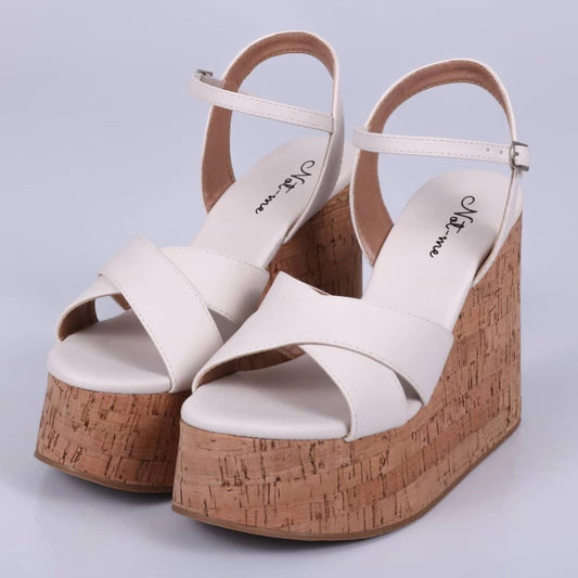 Lisboa - Sandália Anabela Feminina Plataforma Bico Redondo Off-White