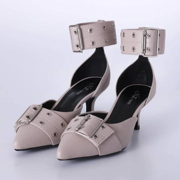 Iana - Scarpin Feminino Fivela Bico Fino Salto Baixo Cinza