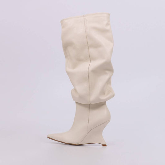 Melina - Bota Feminina Slouchy Cano Alto Salto Anabela Off White