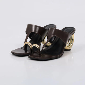 Oliva - Tamanco Feminino Salto Circular Dourado Marrom