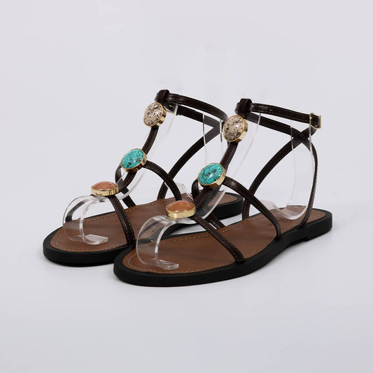 Beatrice - Sandália Feminina Rasteira Aplicações Pedras Marrom