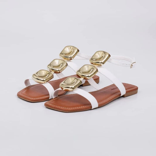 Egito - Sandália Feminina Rasteira Bico Quadro Aplicação Branca