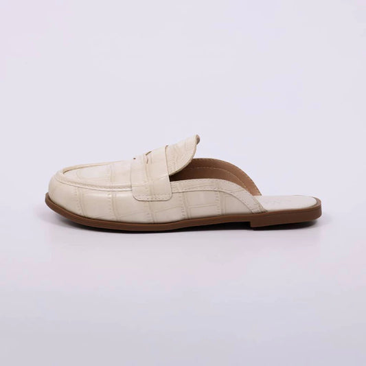 Rubi - Mule Feminino Bico Redondo Croco Detalhe Costura Off White