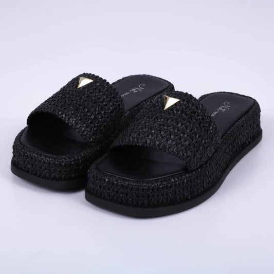 Capri - Flatform Feminina Aplicação Palha Preta