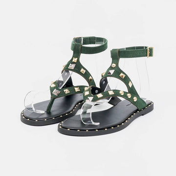 Rita - Sandália Rasteira Feminina Tachas e Fivela Verde