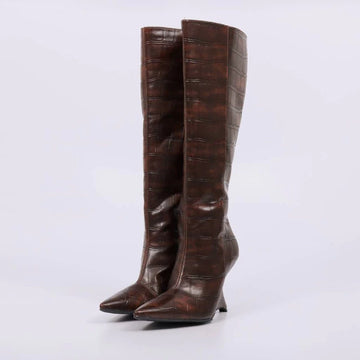 Kiara - Bota Feminina Over The Knee Salto Alto Croco Marrom Escuro