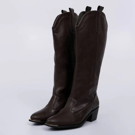 Celine - Bota Feminina Texana Cano Longo Bico Fino Marrom