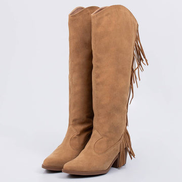 Marrocos - Bota Feminina Cano Alto Salto Bloco Franjas Palha