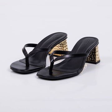 Perola - Tamanco Feminino Salto Bloco Dourado Cromado Preto