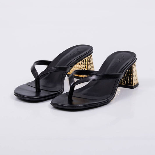 Perola - Tamanco Feminino Salto Bloco Dourado Cromado Preto