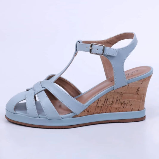 Déli - Sandália Feminina Anabela Bico Redondo Fivela Azul