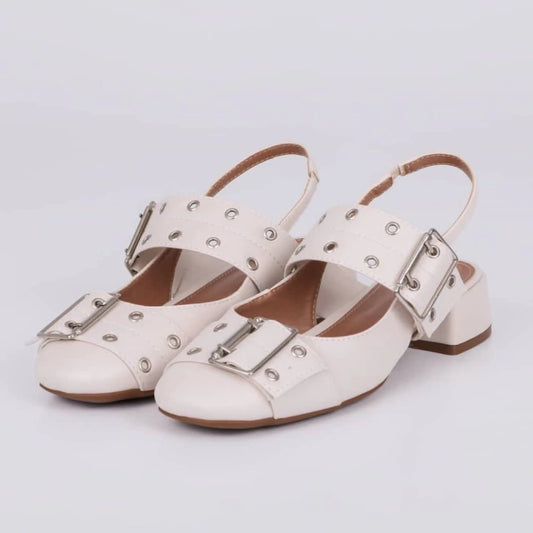 Tata - Slingback Feminino Bico Redondo Salto Grosso Fivela Off-White