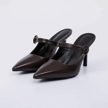 Soho - Mule Feminino Bico Fino Salto Alto Tira Central Marrom