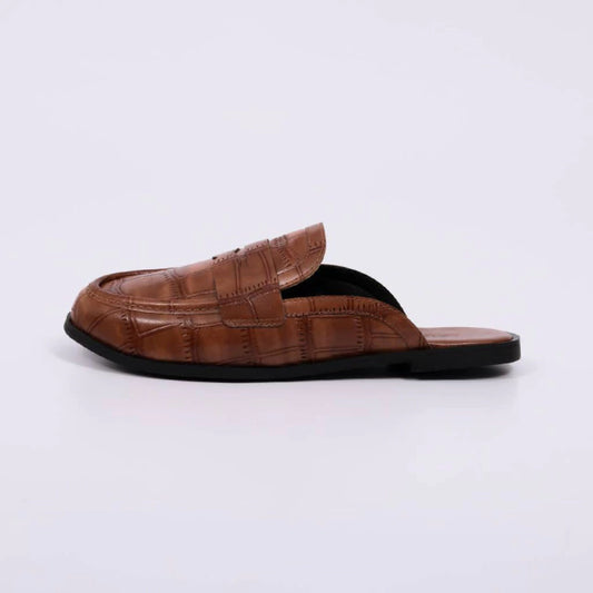 Rubi - Mule Feminino Bico Redondo Croco Detalhe Costura Caramelo