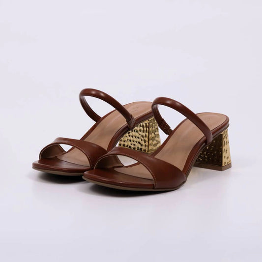 Liz - Tamanco Feminino Salto Bloco Dourado Tiras Caramelo