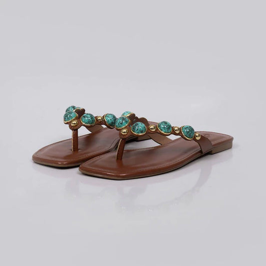 Mabel - Rasteira Feminina Dedo Aplicação Azul Caramelo