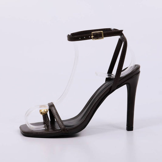 Coral - Sandália Salto Alto Tiras Dedo Metal Dourado Marrom