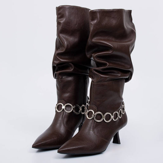 Sierra - Bota Feminina Cano Médio Corrente Salto Fino Marrom
