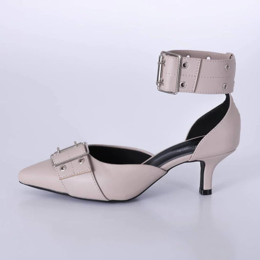 Iana - Scarpin Feminino Fivela Bico Fino Salto Baixo Cinza