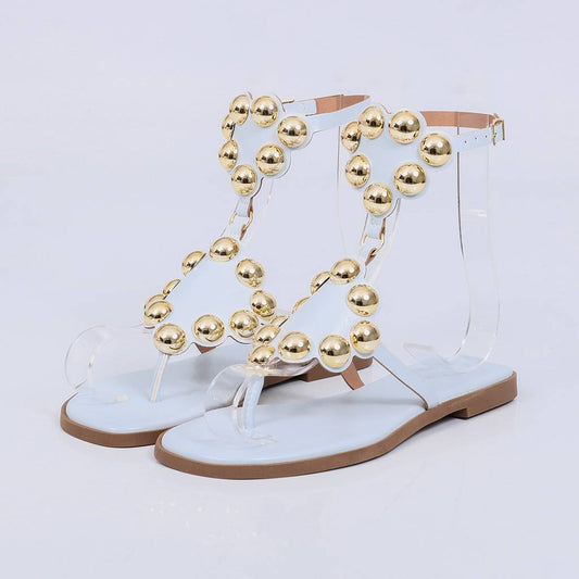 Nice - Sandália Rasteira Feminina Esferas Douradas Azul