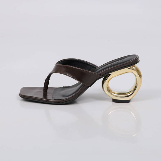 Lexa - Tamanco Feminino Salto Redondo Dourado Marrom