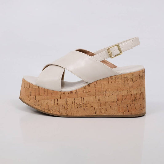 Taina - Sandália Feminina Plataforma Cortiça Tiras Off-white