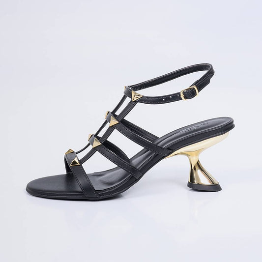 Delfi - Sandália Feminina Fivela Salto Taça Dourado Preto