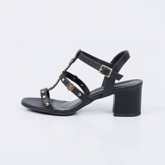Liara - Sandália Feminina Salto Bloco Fivela Aplicações Preto