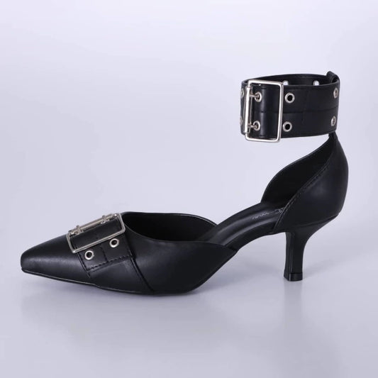 Iana - Scarpin Feminino Fivela Bico Fino Salto Baixo Preto