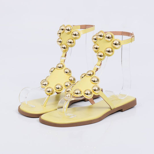 Nice - Sandália Rasteira Feminina Esferas Douradas Amarelo