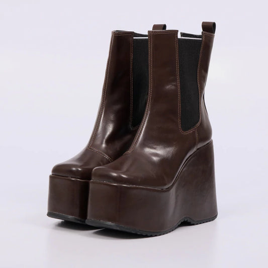 Paola - Bota Feminina Plataforma Anabela Elástico Marrom Escuro