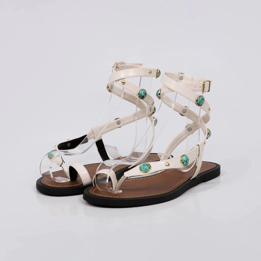 Ramona - Sandália Rasteira Gladiadora Aplicações Azul Off-white