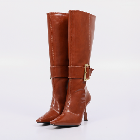 Perla - Bota Feminina Elegante Cano Médio Salto Fino Fivela Caramelo