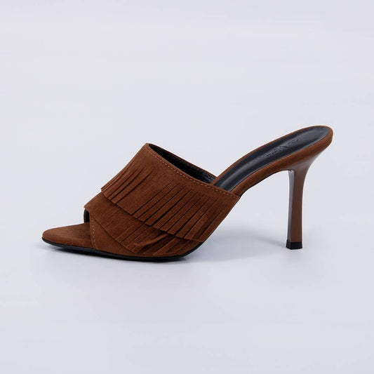 Belmonte - Tamanco Feminino Salto Alto Camurça Franjas Caramelo