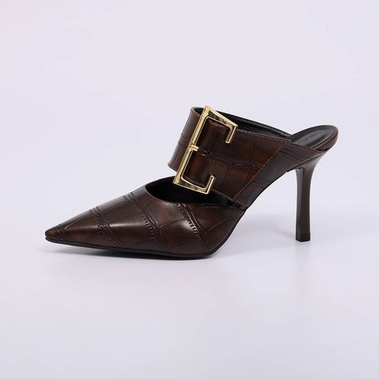 Dominique - Mule Feminino Salto Fino Com Fivela Marrom Escuro