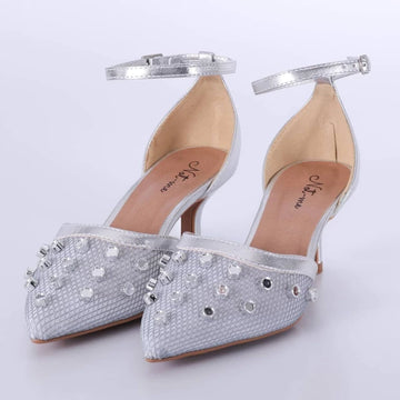 Cristal - Scarpin Feminino Bico Fino Salto Baixo Tela Aplicações Prata