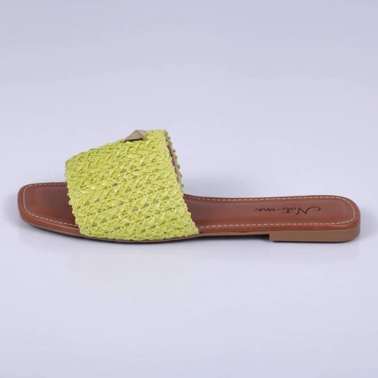 Amalfi - Rasteira Feminina Palha Aplicação Verde Lemon