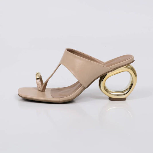 Oliva - Tamanco Feminino Salto Circular Dourado Bege